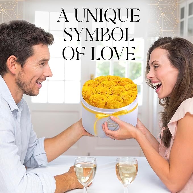 GLAMOUR BOUTIQUE Flower Forever Gift Box 12 Real Preserved Roses in Round Velvet White Box, Handmade, Rose Petals, Birthday, Marriage, Anniversary, Graduation - Yellow