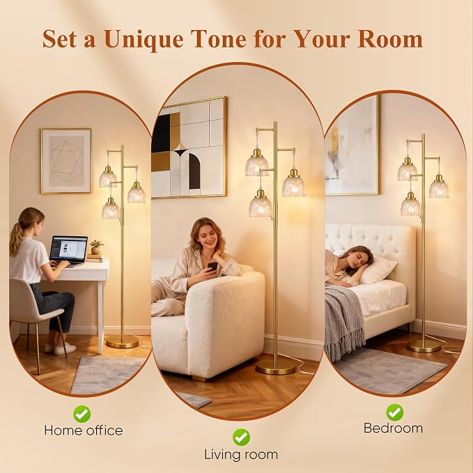 ROTTOGOON Dimmable Gold Floor Lamps for Living Room, Vintage Tree Standing Lamp with Glass Shades, 3 Light Mid Century Flower Floor Lamps for Bedroom, Office, 6W, Brushed Gold & Clear Shades