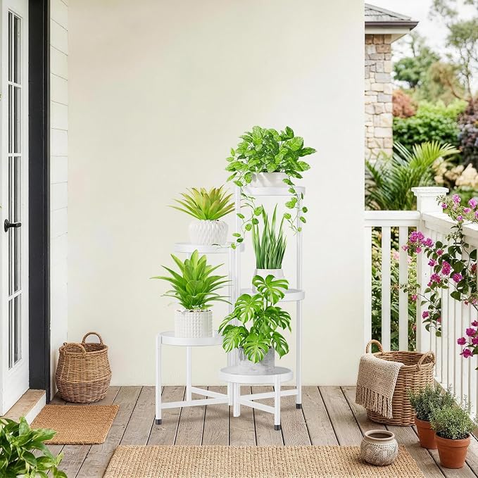 iDavosic.ly 5 Tier Large Plant Stand Indoor with 10 Inch Wide Tray, Tiered Corner Metal Outdoor Flower Display Holder Shelf, Folding Tall Rack for Patio Porch Living Room, White