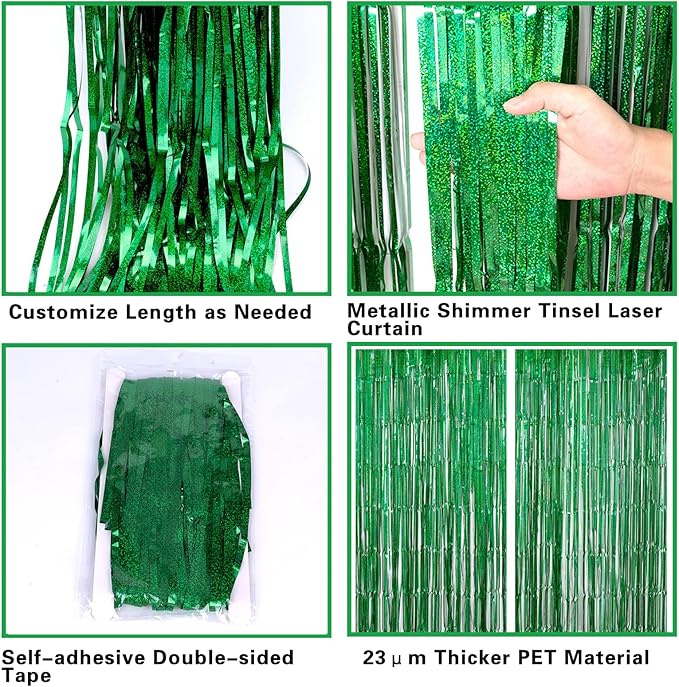 2 Pack 3.2ft x 8.2ft Green Foil Fringe Curtain, Metallic Tinsel Foil Fringe Rain Curtain Streamers Photo Backdrop for St Patricks Day Decorations Birthday Christmas Jungle Safari Tropical Party Decor