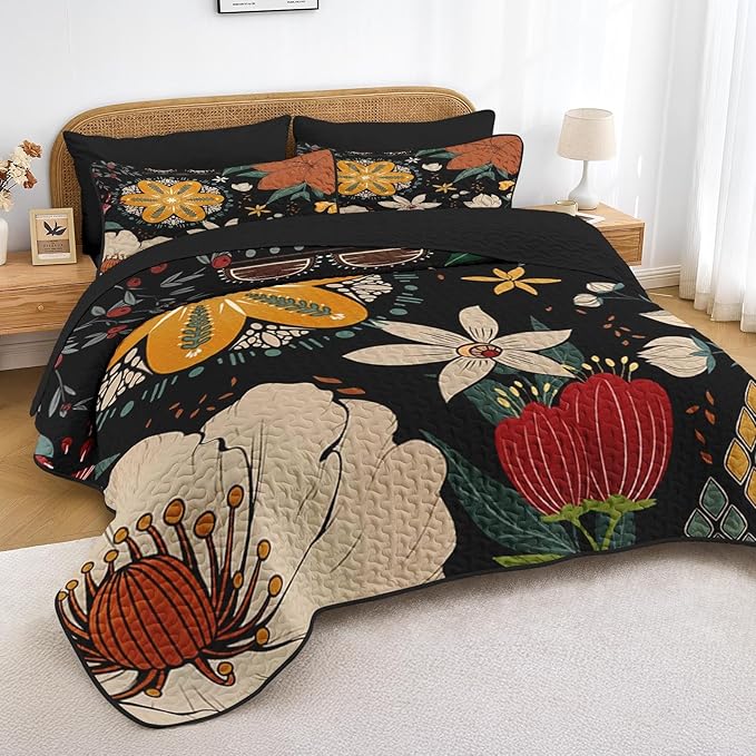 Quilt Set King Size, Black Tropical Floral 3 Pcs Soft Bed Cover Bedding Set, Farmhouse Botanical Lightweight Bedspread Coverlet with 2 Pillow Sham for All Season