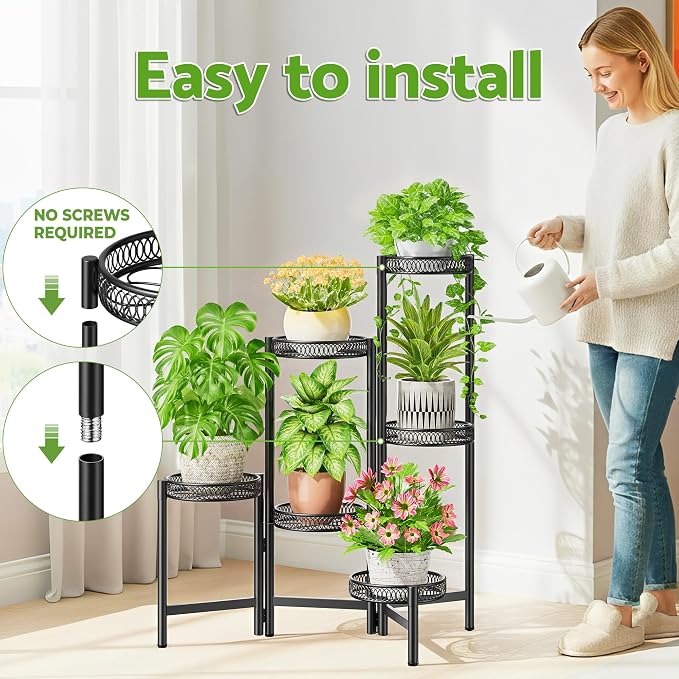 6 Tier Large Plant Stand Indoor with 7.9-Inch Wide Drainage Tray, Tiered Corner Metal Outdoor Flower Display Holder Shelf, Folding Tall Rack for House Patio Porch Balcony Graden - BlackFlower