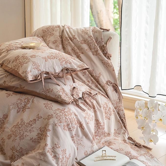 VM VOUGEMARKET Monet Flower Duvet Cover King 3 Pieces Retro Jacquard Floral Bedding Set,Linen Cotton Yarn-Dyed Textured Comforter Cover with Bowknot-104 x90,Pumpkin