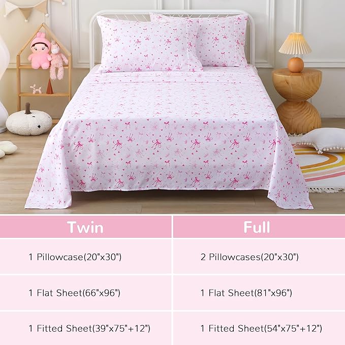 Viviland 4 Pieces Girls Pink Full Sheet Set - Soft Microfiber Fitted Flat Sheets & Pillowcases - Pink Bow Print Bedding Sets- for Kids & Toddlers