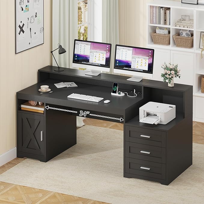 TVU Farmhouse Computer Desk with Drawers, 65'' Home Office Desk with Power Outlets, Storage Cabinet and Printer Stand, Study Writing Desks with Long Monitor Stand, Black