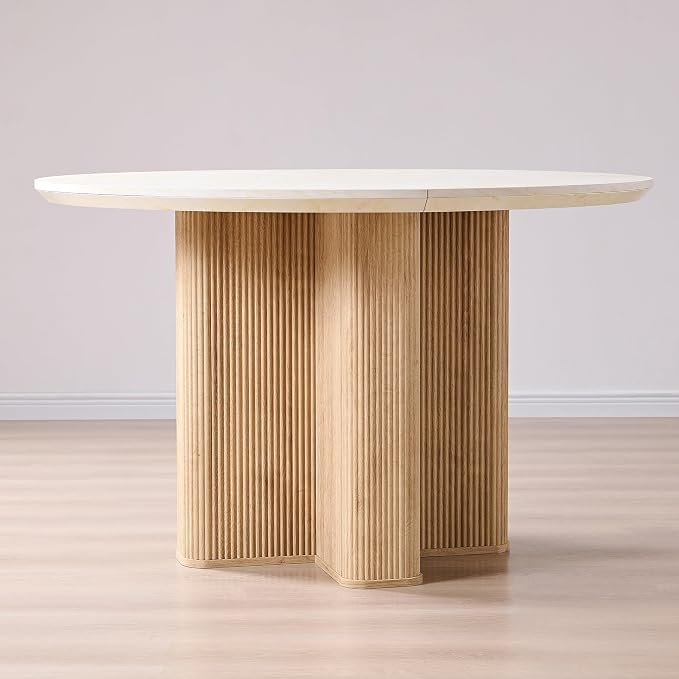 T4TREAM 47" Fluted Round Dining Table for 4-6, Mid-Century Modern Kitchen Table with Thickened Edge & Sturdy Pedestal Base for Kitchen Living Room,Marble & Natural Oak