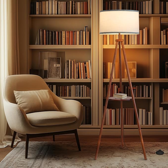 EOEYYOYB Floor Lamps for Living Room, Modern Standing Lamp with Shelf, 3 Color Temperature Led Bulb Tall Lamps with Foot Switch for Bedroom and Office, Walnut