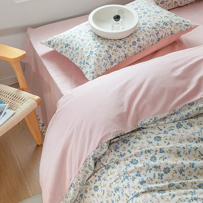 EAVD Botanical Floral Duvet Cover King Soft 100% Cotton Blue Pink Floral Bedding Set with 2 Pillowcases Chic Vintage Style Garden Floral Comforter Set Reversible Solid Pink Duvet Cover Set