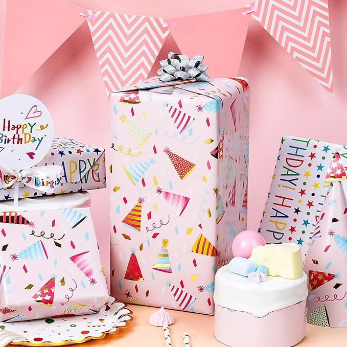Burymento Birthday Hat Wrapping Paper, Reversible Happy Birthday Design Gift Wrap for Baby Shower, Valentines, Mothers day, Graduation, Wedding, Fathers day, Christmas (17 Inch X 32.8 Feet)
