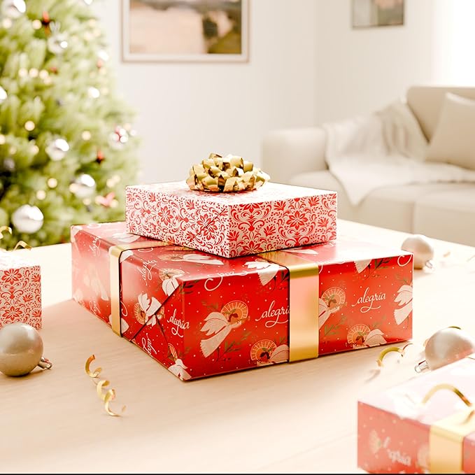 American Greetings Reversible Religious Christmas Wrapping Paper Roll with Angels, Red and White Holiday Gift Wrap (60 sq. ft., 1 Standard Roll Wrap-30 in. x 24 ft.) Papel de Regalo de Navidad