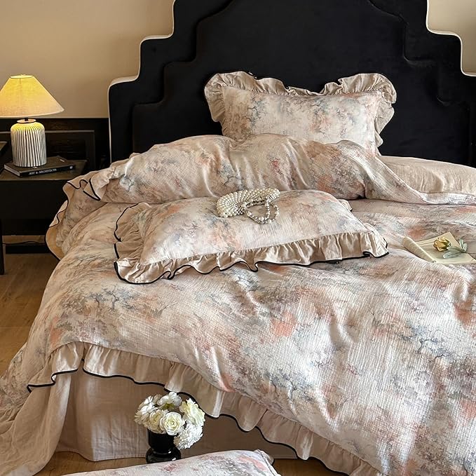 HighBuy Ruffle Linen Duvet Cover Set Twin Beige 100% French Yarn-Dyed Cotton Linen Bedding 3pcs Set,Chic Cottagecore Soft Breathable for Hot Sleepers 1 Duvet Cover and 2 Pillowcases