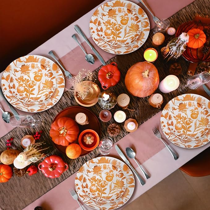 Suclain 60 Pcs Brown Fall Pomegranate Plastic Plates Thanksgiving Wedding Party Decoration Bulk 10.25'' 7.5'' Dessert Dinner Disposable Plastic Plates for Bridal Shower Party Supplies