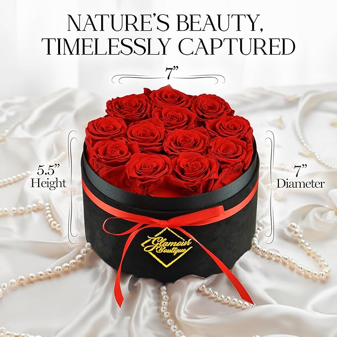 GLAMOUR BOUTIQUE Flowers Forever Gift Box 12 Real Preserved Roses in a Velvet Black Box, Birthday for Her Mom and Wife, Mothers Day, Anniversary, Graduation - Red