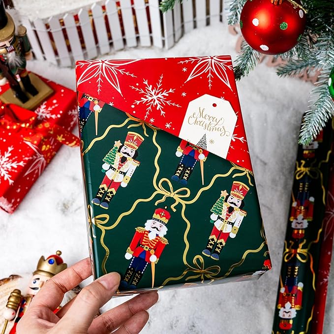 MAYPLUSS Christmas Wrapping Paper Roll - 17IN X 33FT - Green Gift Wrapping Paper Featuring Nutcracker Christmas Tree Bow Reversible Snowflake for Kids, Holiday, New Year