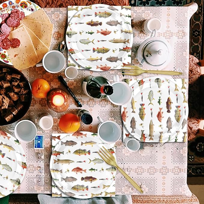 48Pcs GO Fishing Birthday Party Decorations Desserts Plates Napkins forks for 20 Guests Fishing Party Supplies for Kids