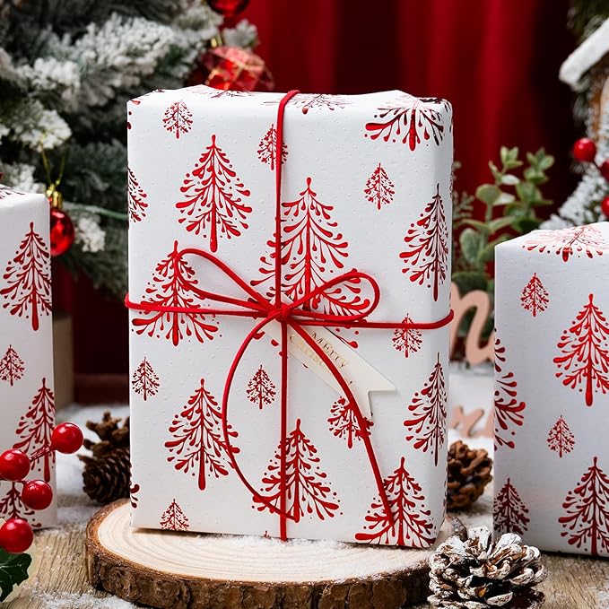 Flyhill Kraft Christmas Wrapping Paper-White 3D Embossed Gold Foil Christmas Pine Tree with Woodlands for Holiday, Party,Celebration, New Year (17 Inch X 32.8 Feet)