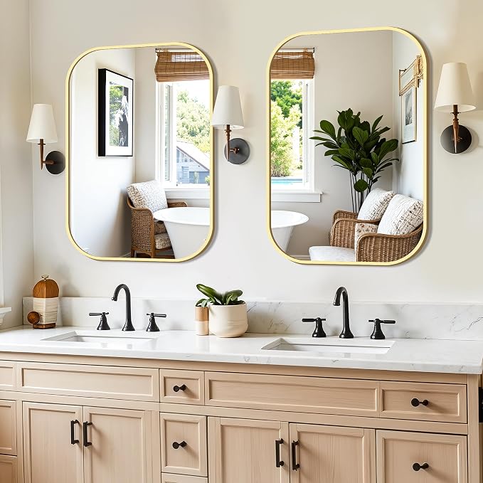 FICTOR Bathroom Vanity Mirror for Wall, 2 Pack 24" x 36" Rectangle Bathroom Mirror for Over Sink, Metal Framed, Hangs Horizontally or Vertically(Gold)