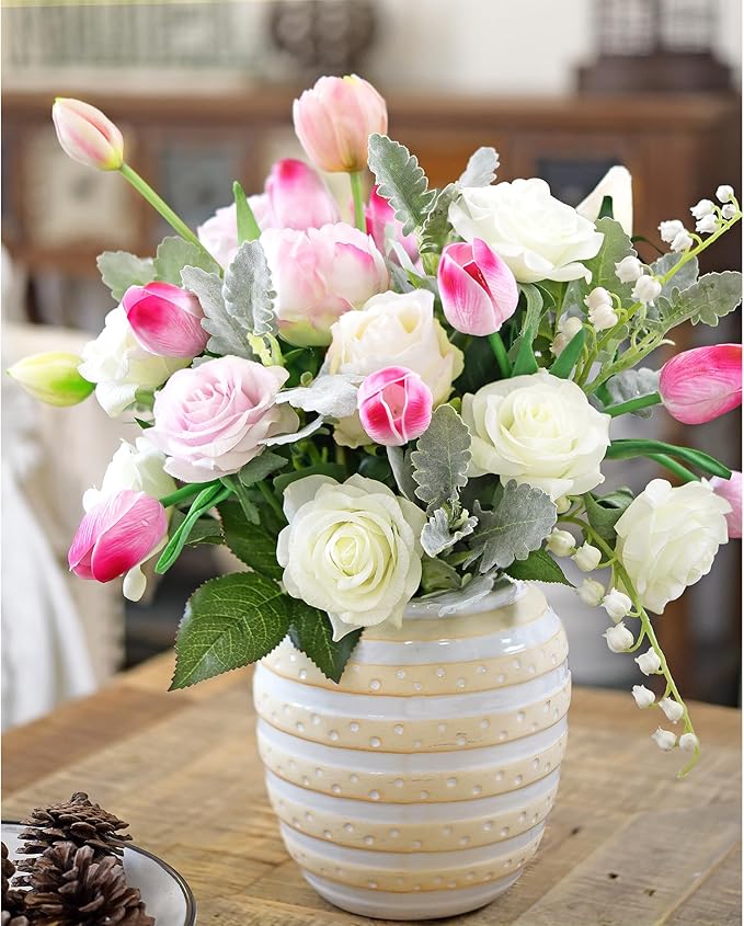 FiveSeasonStuff Real Touch Tulips Artificial Flowers – 15 Stems Faux Tulip Bouquet in Gift Box for Wedding, Home Decor, Party, Floral Arrangements (Creamy Pink)