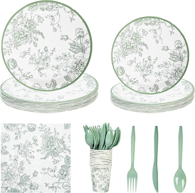 175Pcs Sage Green Floral Paper Plates and Napkins 25 Guests Green Toile Chinoiserie Party Supplies Set Include Plates Napkins Cups Spoons Forks Knives for Birthday Wedding (175, Sage Green Floral)