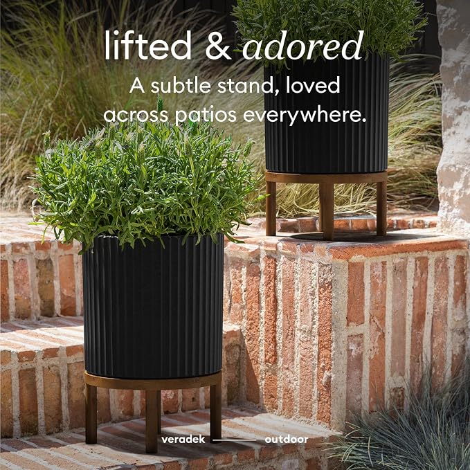 Veradek Demi Series Round Planter w/ Stand for Porch/Patio | Durable Plastic-Concrete & Wooden Stand | Modern Décor for Tall Plants, Flowers