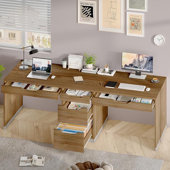 Two Person Desk with 5 Drawers, Double Desk with Storage for 2 People, 78 Inch Extra Long Computer Desk Workstation with File Drawer for Home Office, Brown