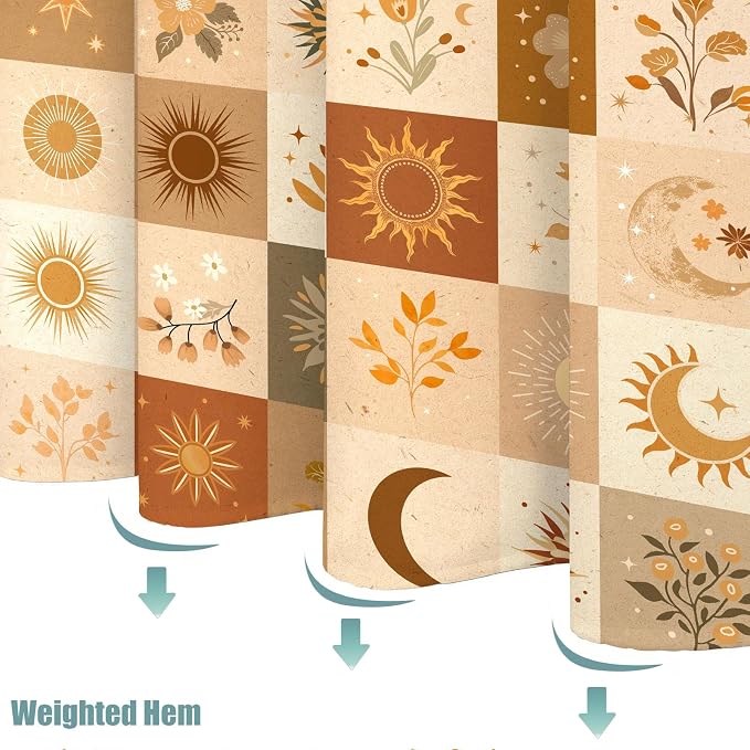 Boho Sun and Moon Shower Curtain, Mid-Century Modern Burnt Orange & Sage Grid Design, Abstract Floral Botanical Celestial Aesthetic Bathroom Decor, Waterproof Fabric, 72x72 Inch.