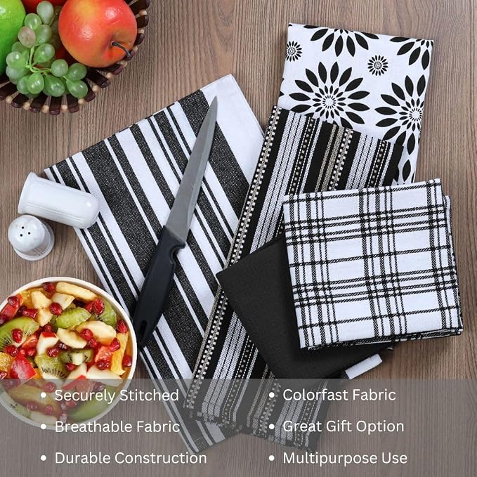WeWove Assorted Kitchen Towels Set of 5-100% Cotton Dish Cloths Towels with Hanging Loop - Soft Absorbent Washable Reusable for Kitchen Use - Quick Drying 16x26 inch Dish Towels Black