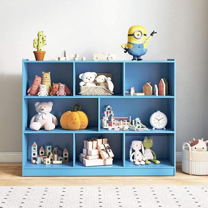KOTEK Toy Storage Organizer, 5 Cubby Kids Bookshelf, Wooden 3-Tier Bookcase Storage Cabinet, Open Display Book Shelf for Daycare, Nursery, School Classroom, Living Room (Blue, 8 Cubes)
