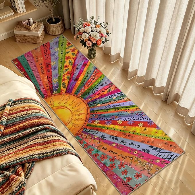 Likiyol Sun Runner Rug Non Slip 2x7'3 Inspirational Kitchen Runner Rug, Soft Faux Wool Runners for Hallways, Low Pile Washable Rug for Kitchen, Bedroom, Laundry Room