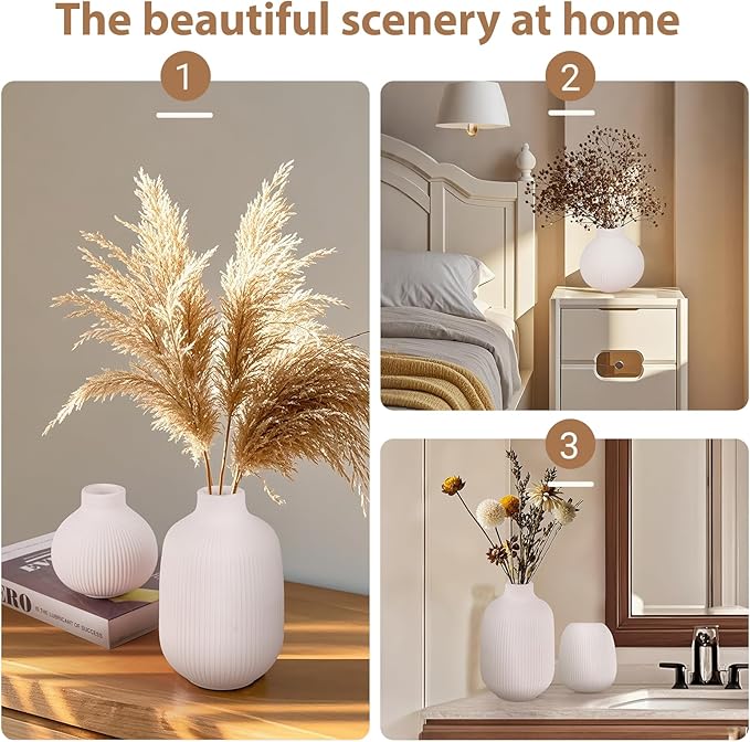 White Ceramic Vase Set of 3, Decorative Vases for Flowers, Home Decor Modern Minimalist Pottery Vases for Bouquet Pampas Grass Dried Fresh, Bookshelf, Shelf, Bedroom, Entryway Mantel Decor