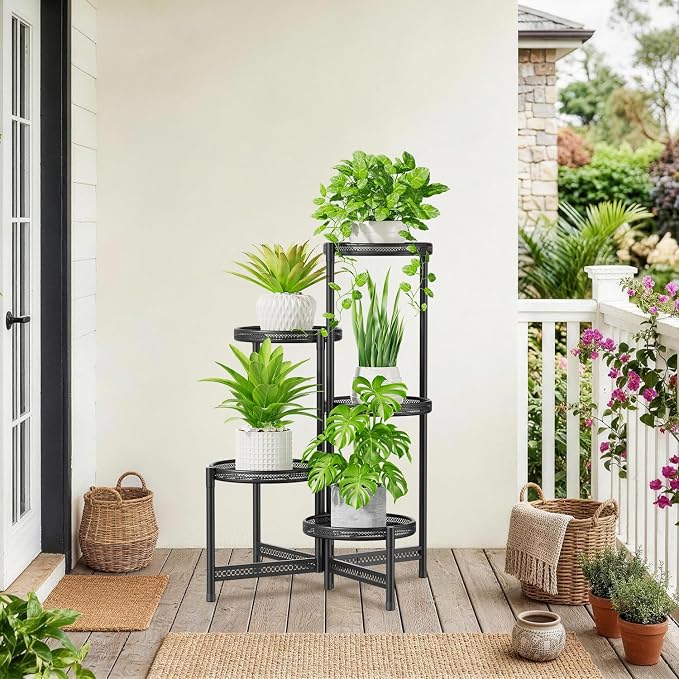 iDavosic.ly 5 Tier Large Plant Stand Indoor with 10-Inch Wide Drainage Tray, Tiered Corner Metal Outdoor Flower Display Holder Shelf, Folding Tall Rack for Patio Porch Balcony, Black Iron Carving
