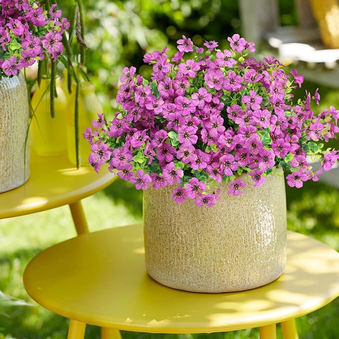 Artificial Flowers Outdoor Faux Plants UV Resistant Fake Patio Flowers Plastic Greenery Plnats Outside Bulk for Spring Garden Hanging Planter Home Vase Decor, 12 Bundles (Purple)