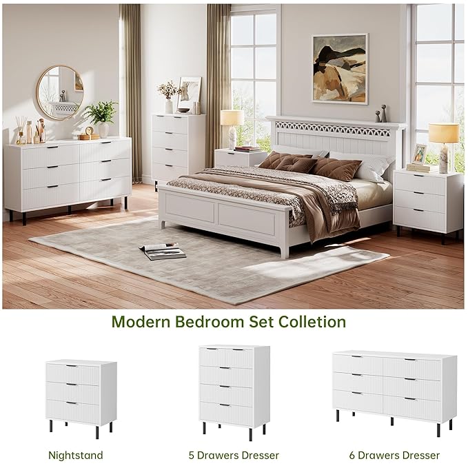 GarveeHome White Wave Fluted 5 Drawer Dresser for Bedroom, Modern Wood Chest of Drawers with Wide Drawers, Closet Dresser Organizer with Anti-Tipping Device and Metal Legs for Hallway Entryway