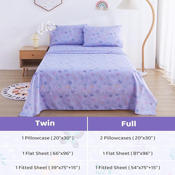 Viviland 4 Pieces Girls Light Purple Full Sheet Set - Soft Microfiber Fitted Flat Sheets & Pillowcases - Butterfly Floral Printed Bedding Sets - for Kids & Toddlers