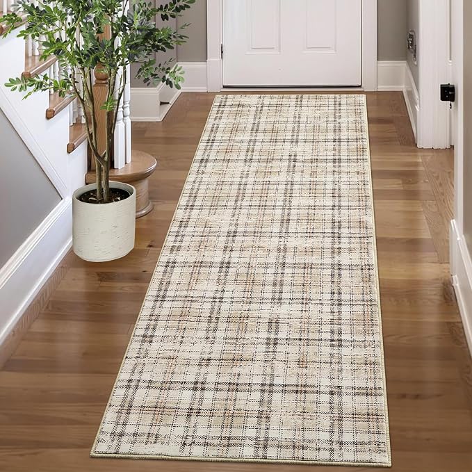 Tartan Plaid Washable Runner Rug 2.5x12 Non Slip Kitchen Rugs Modern Beige Indoor Entryway Rug Soft Bath Mat Stain Resistant Carpet for Bedroom Hallway Laundry 2'6''x12' Beige