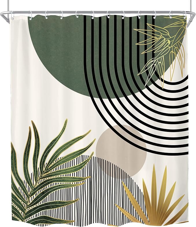 KOMLLEX Mid Century Green Boho Shower Curtain 72Wx78L Inches Abstract Modern Shower Curtains for Bathroom Gold Plant Botanical Minimalist Arch Sun Fabric Liner Waterproof Polyester 12 Pack Hooks
