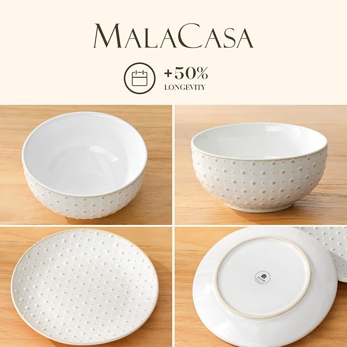 MALACASA 16 Pieces Dinnerware Sets, Modern Relief Design Plates and Bowls Sets, White Dish Set for 4, Kitchen Ceramic Dinner Plates Dishware Set, Microwave and Dishwasher Safe, Series LYDIA