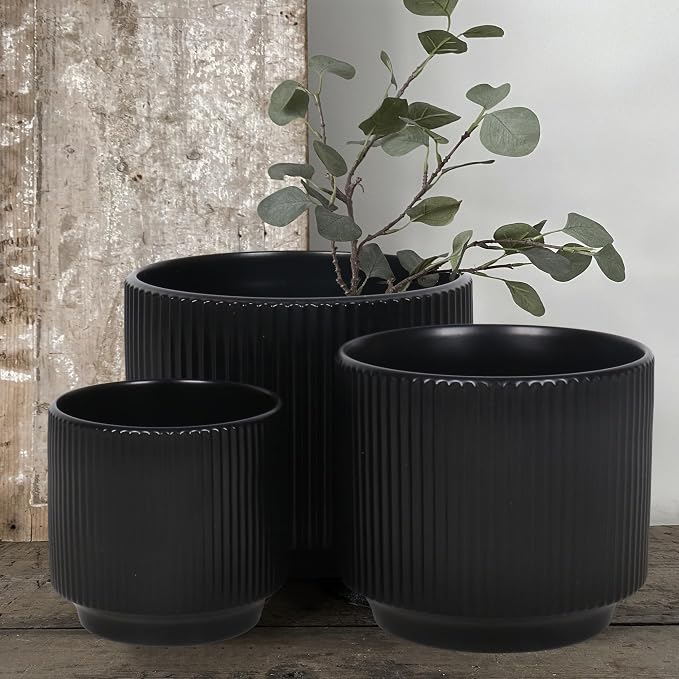 Oakrain Plant Pots Set of 3 with Vertical Stripes 7.8/6.5/5.2 inch, Modern Decorative Planters for Indoor Outdoor Plants, Garden Flower Pot with Drainage Holes, Ceramic Black