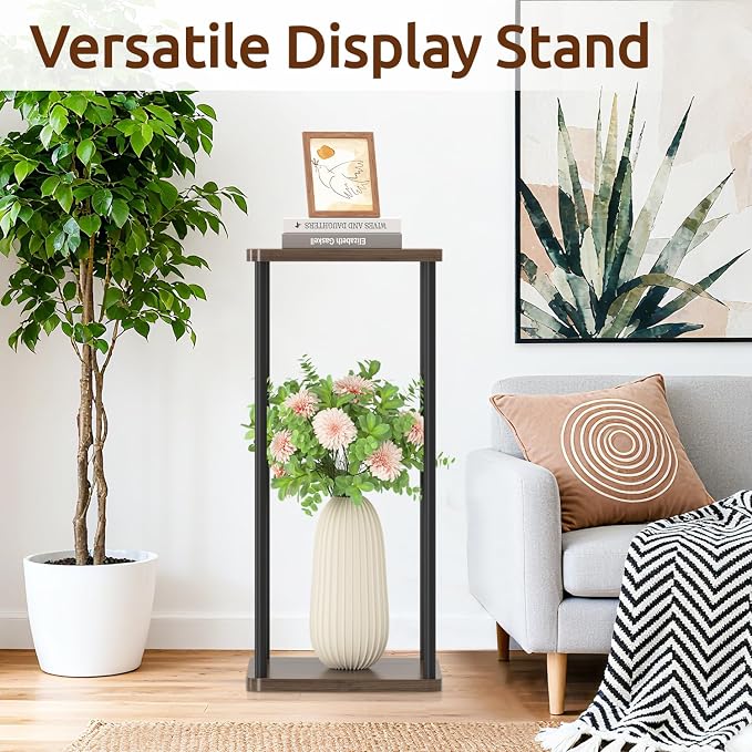 Oppro 2 Tier Plant Stand Indoor, 28In Tall Corner Vertical Wood Metal Square Shelf, Modern Black Large Planter Table Heavy Duty Flower Pot Holder Rack for Narrow House Living Room Floor Orchid, Oak