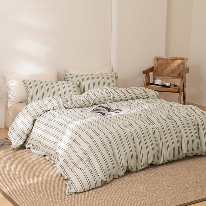 VM VOUGEMARKET Queen Comforter Set Green Striped Bedding Comforter with 2 Pillowcases Modern Farmhouse Style Lightweight Comforter Set for Boys Men