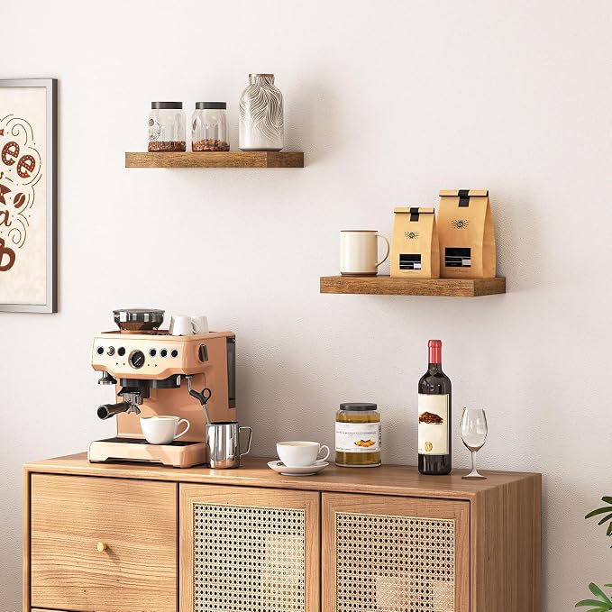 HOOBRO Floating Shelves for Wall, Wall Mounted Shelf Set of 2, 15.7" Hanging Shelf with Invisible Brackets, for Wall Decor Storage in Bathroom Bedroom Kitchen Living Room Office, Rustic Brown BF40BJ01