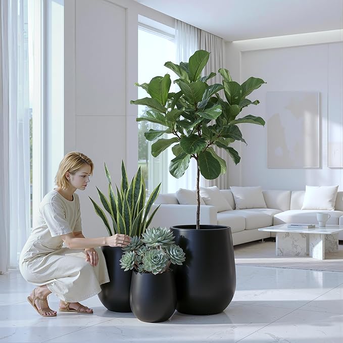DTY Signature Mount Wilson Modern Indoor Outdoor Fiberstone Tapered Planter, Lightweight, Weather Resistant Garden Pot with Drainage Hole & Rubber Plug, Planter for Christmas Decor - Black, Large