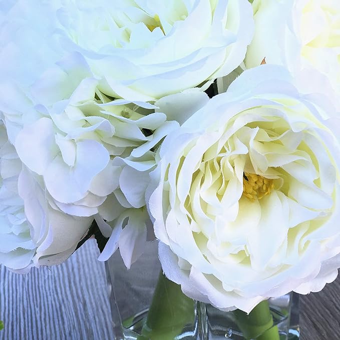 ENOVA HOME Peony and Hydrangea Mixed Artificial Flower Arrangement with Clear Glass Vase for Home Wedding Decoration (Cream)