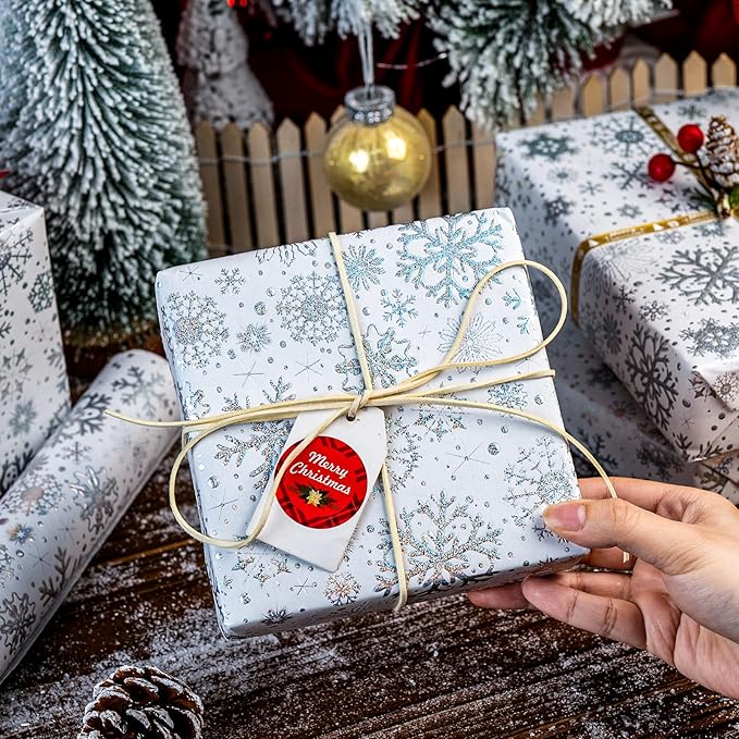 Flyhill Kraft Christmas Wrapping Paper-Silver Snowflake Metallic Embossed Foil Luxury Gift Wrap Roll Design for Holiday, Party,Celebration, New Year (17 Inch X 32.8 Feet)