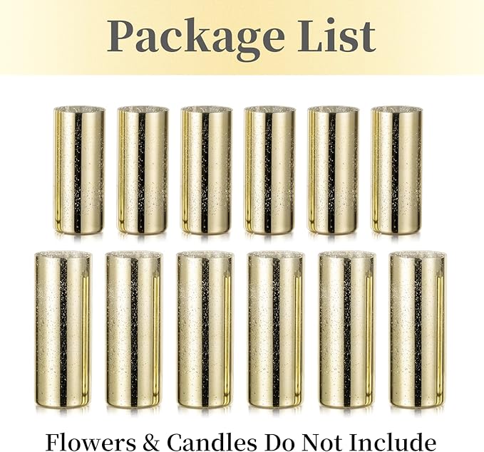 Glass Cylinder Vases Set of 12, Hewory Glittery Gold Vase for Centerpieces, Glass Hurricane Candle Holders for Pillar Floating Candle, Tall Round Vase for Wedding Anniversary Events Home Table Decor