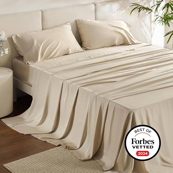Bedsure Queen Sheet Set, Rayon Derived from Bamboo, Cooling Sheets, Deep Pocket Up to 16", Breathable & Soft, Hotel Luxury Silky Bedding for Hot Sleepers, Beige