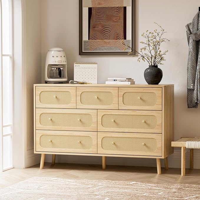 SINROM® Rattan Dresser for Bedroom, Farmhouse Dresser 7 Drawer for Bedroom, Wide Chest of Organizer Storage Drawers for Living Room, Hallway, Entryway