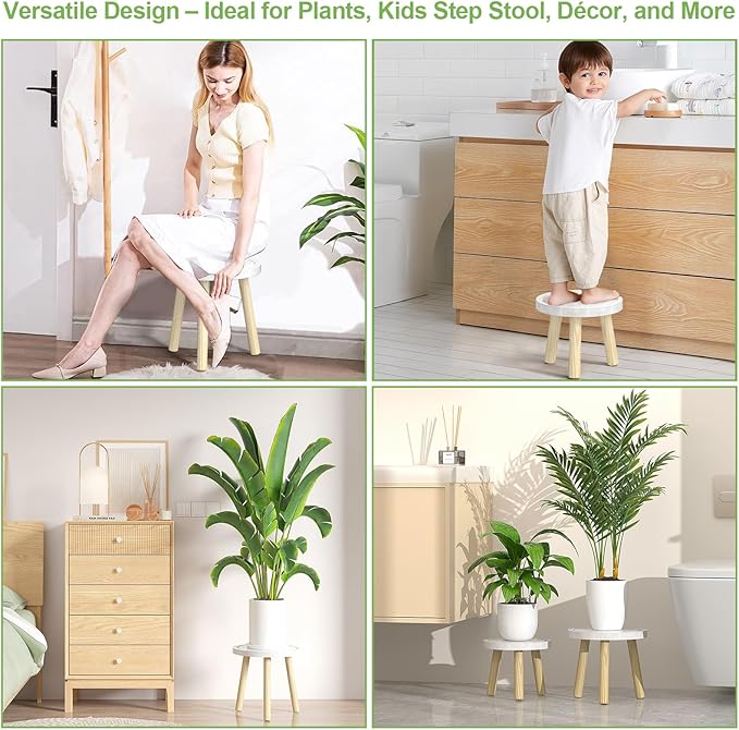 3-Pack Wood Plant Stands Indoor, Single Plant Stand for 6-12 Inch Pots, Mid-Century Modern Plant Stool, Tall Plant Stand for Large Plants for Living Room, Balcony, Office (White)