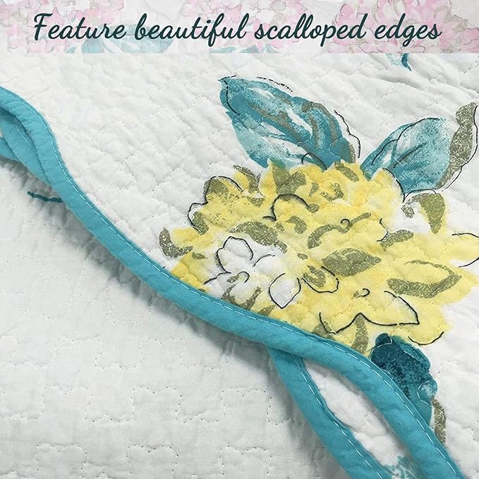 Cozy Line Home Fashions 100% Cotton Turquoise Blue Floral Hydrangea Garden Leaf Reversible Quilt Bedding Set, Coverlet, Bedspread (Valencia Bloom, Queen-3 Piece)