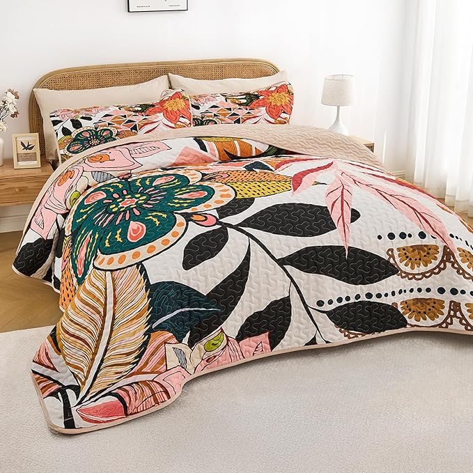 Quilt Set Full/Queen Size, Boho Floral 3 Pcs Soft Bed Cover Bedding Set, Mid Century Flowers Lightweight Bedspread Coverlet with 2 Pillow Sham for All Season